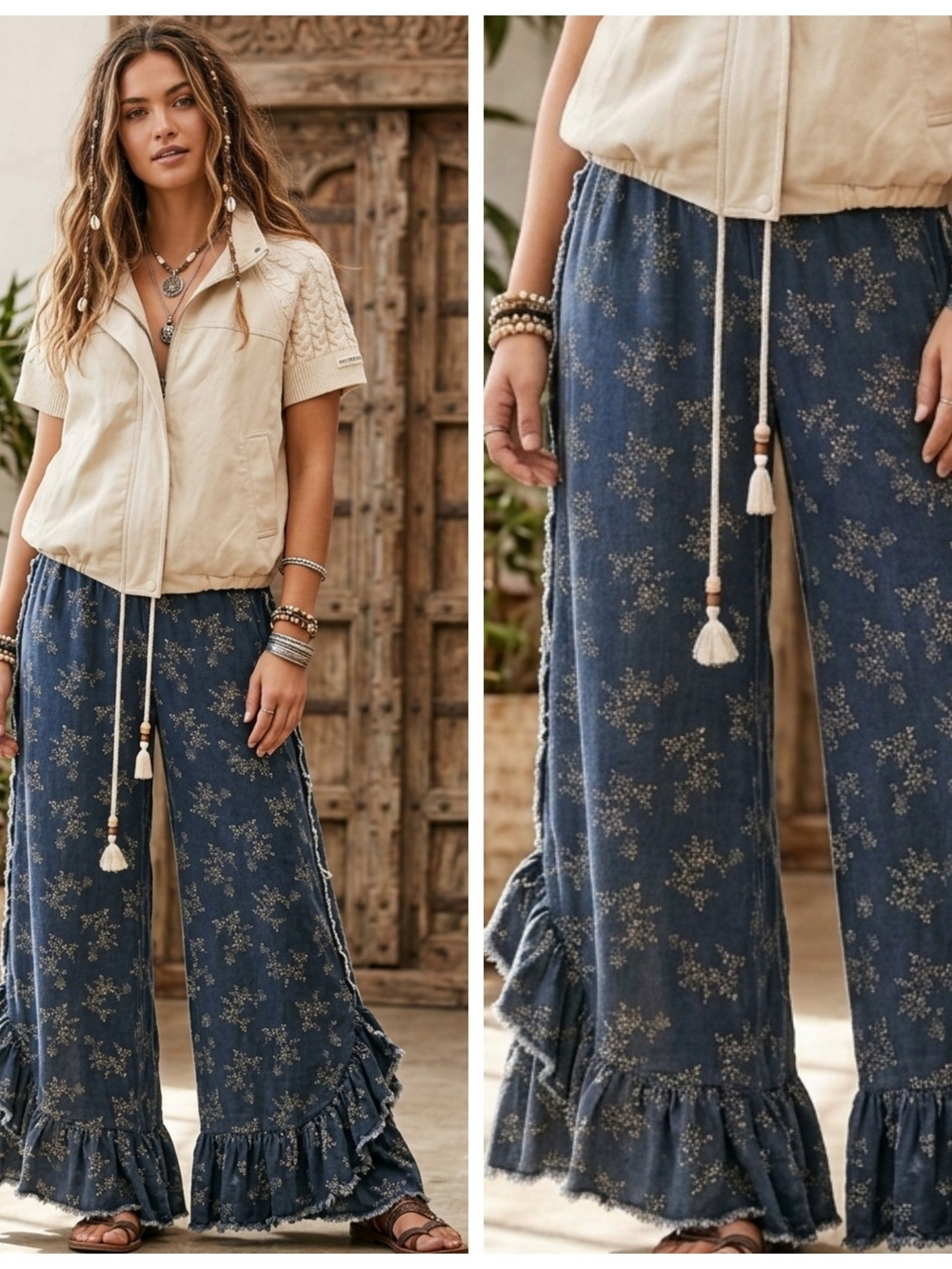Boho Ruffle Wide-Leg Pants in Denim Blue